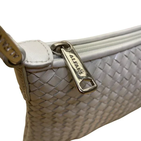 Alfani Womens White Leather Woven Zip Closure Designer Handle Shoulder Bag - Picture 5 of 14